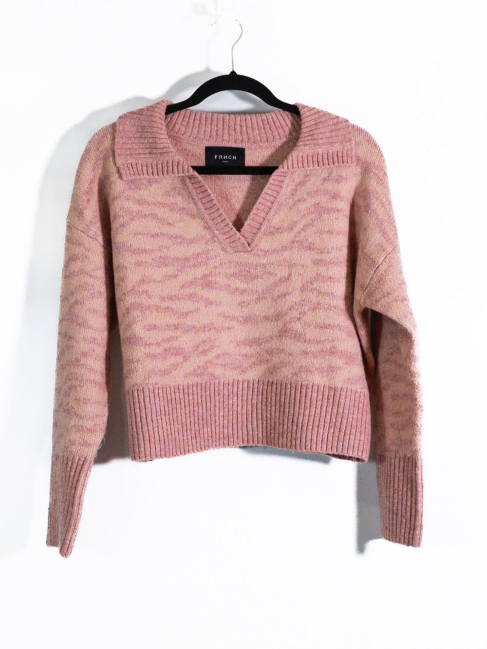 FRNCH Rosalie Fuzzy Knit Stretch V Neck Spread Collar Pullover Sweater Pink S